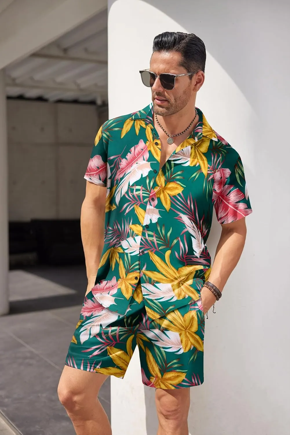 COOFANDY Men's Hawaiian Shirt and Short Set Flower 2-pieces Beach Outfit with Bucket Hats