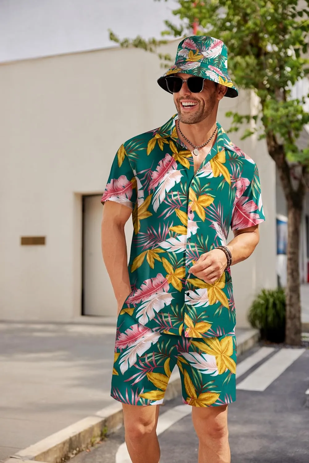 COOFANDY Men's Hawaiian Shirt and Short Set Flower 2-pieces Beach Outfit with Bucket Hats