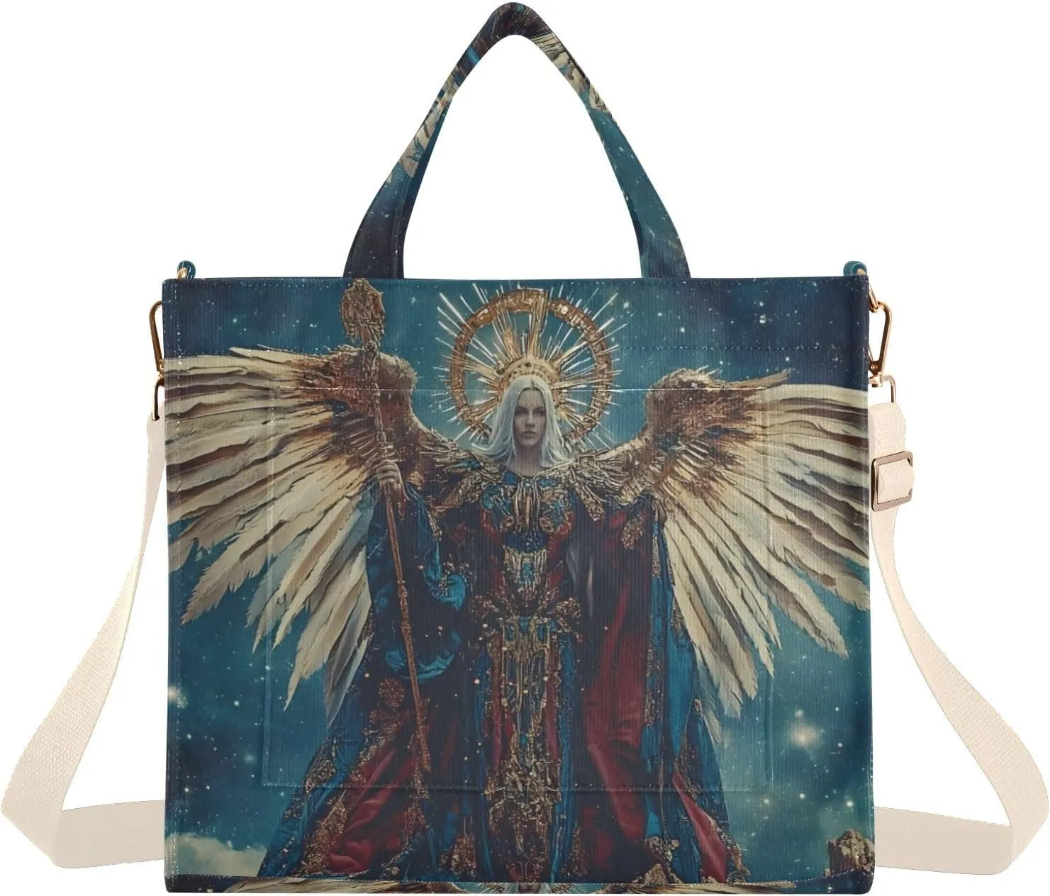 Corduroy Tote Bag Archangel Wings Gold for Women Large Shoulder Bag with Pockets for Beach Work Travel Shopping S