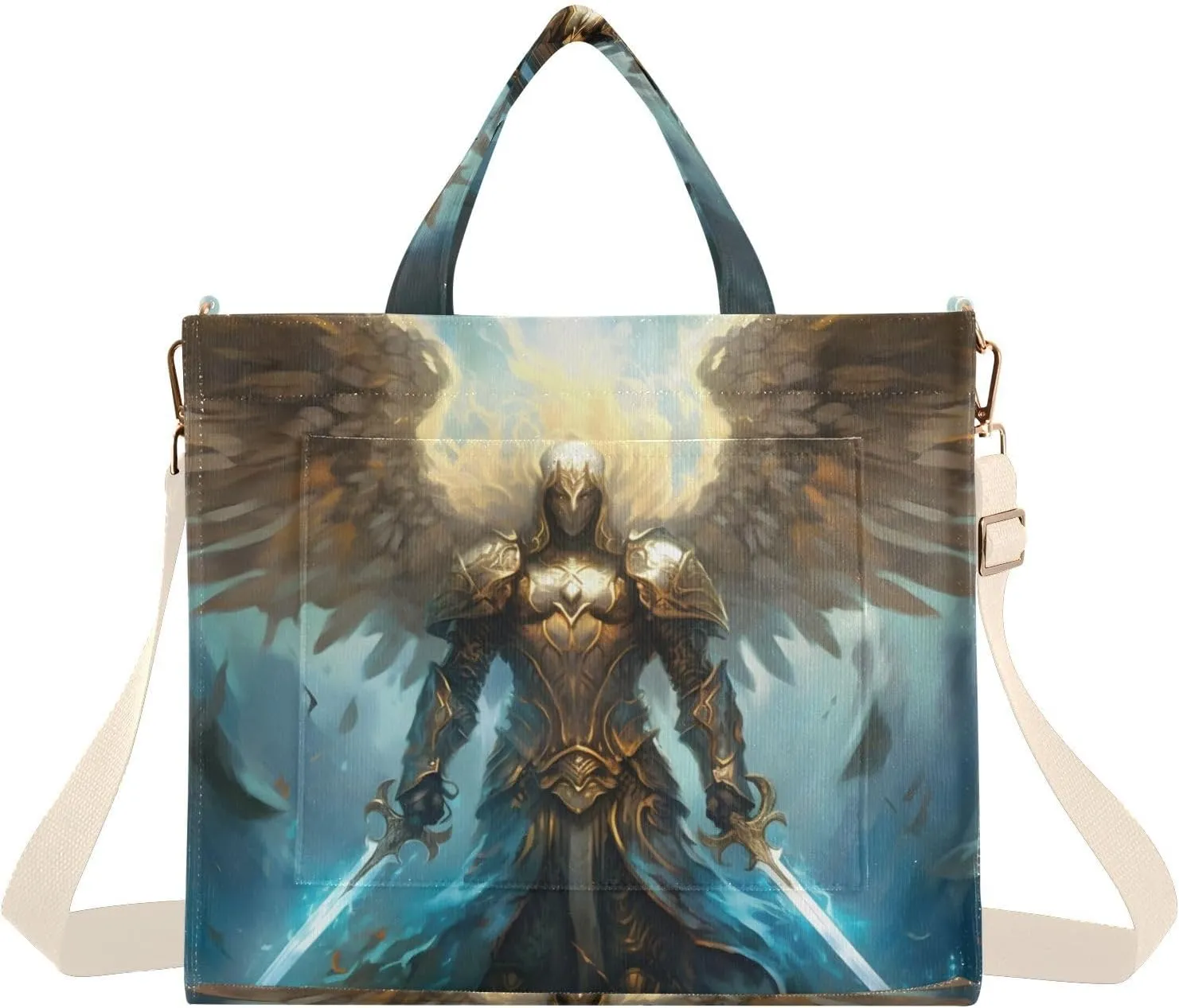 Corduroy Tote Bag Gold Archangel Wing for Women Large Shoulder Bag with Pockets for Beach Work Travel Shopping S