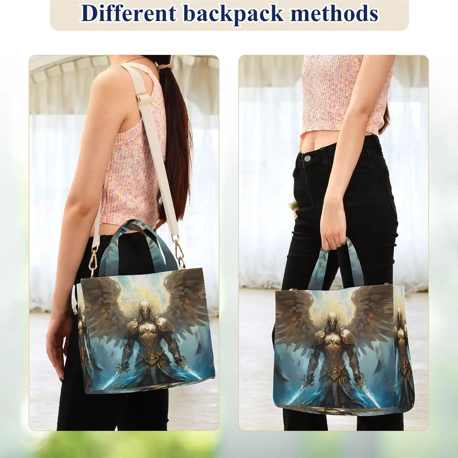 Corduroy Tote Bag Gold Archangel Wing for Women Large Shoulder Bag with Pockets for Beach Work Travel Shopping S