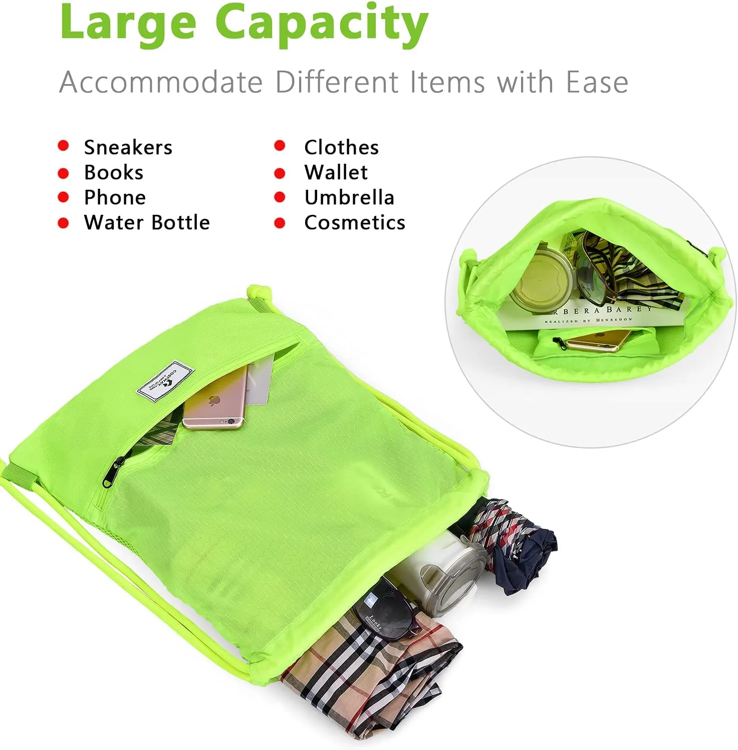 COSTWAY Drawstring Backpack, Folding Sports Gym Sackpack with Zipper Pockets, String Cinch Bag for Gym Shopping Sport Yoga Beach Travel Camping Workout Gear (Green)