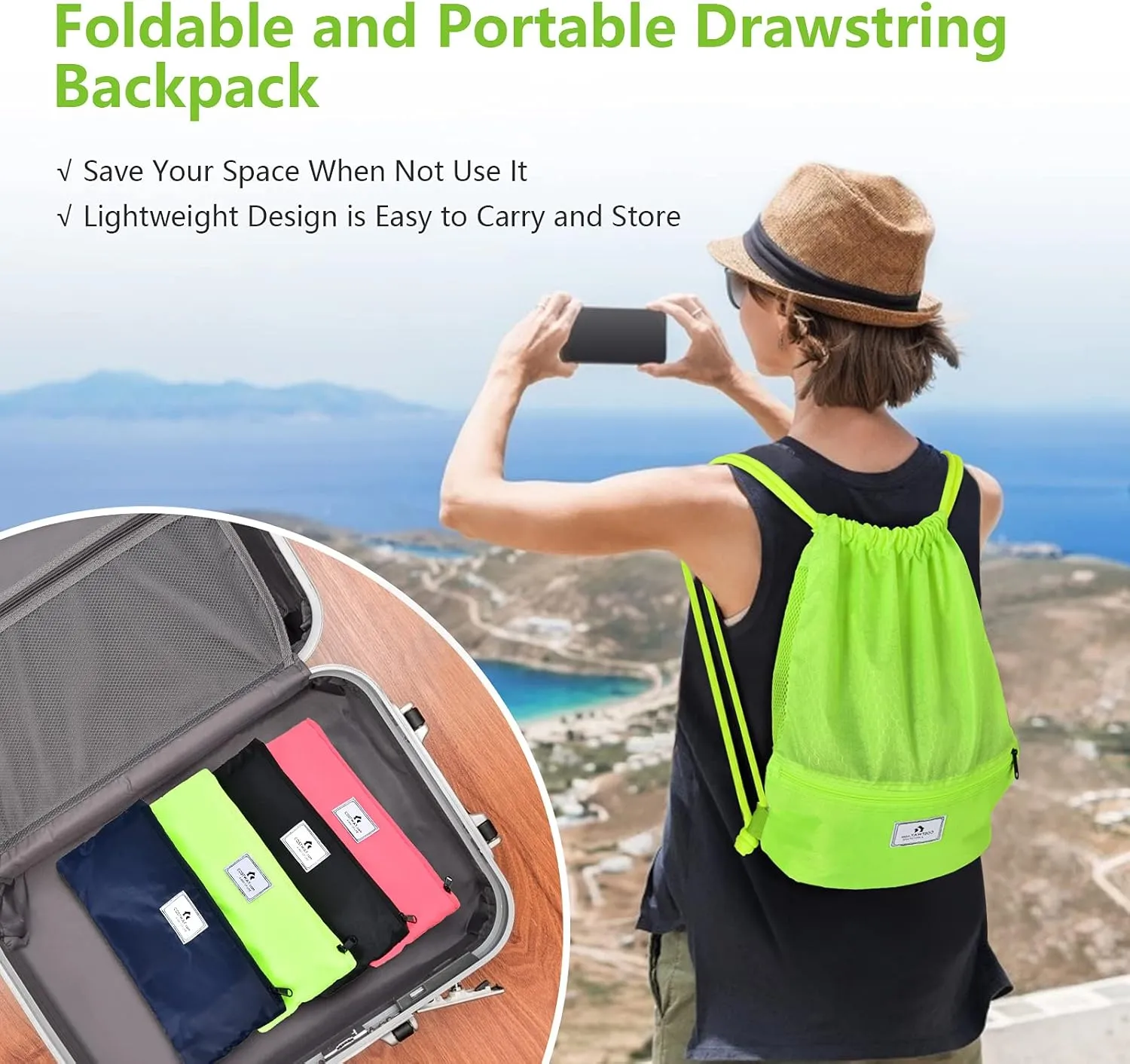 COSTWAY Drawstring Backpack, Folding Sports Gym Sackpack with Zipper Pockets, String Cinch Bag for Gym Shopping Sport Yoga Beach Travel Camping Workout Gear (Green)