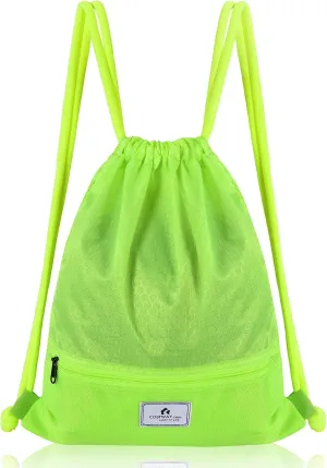 COSTWAY Drawstring Backpack, Folding Sports Gym Sackpack with Zipper Pockets, String Cinch Bag for Gym Shopping Sport Yoga Beach Travel Camping Workout Gear (Green)