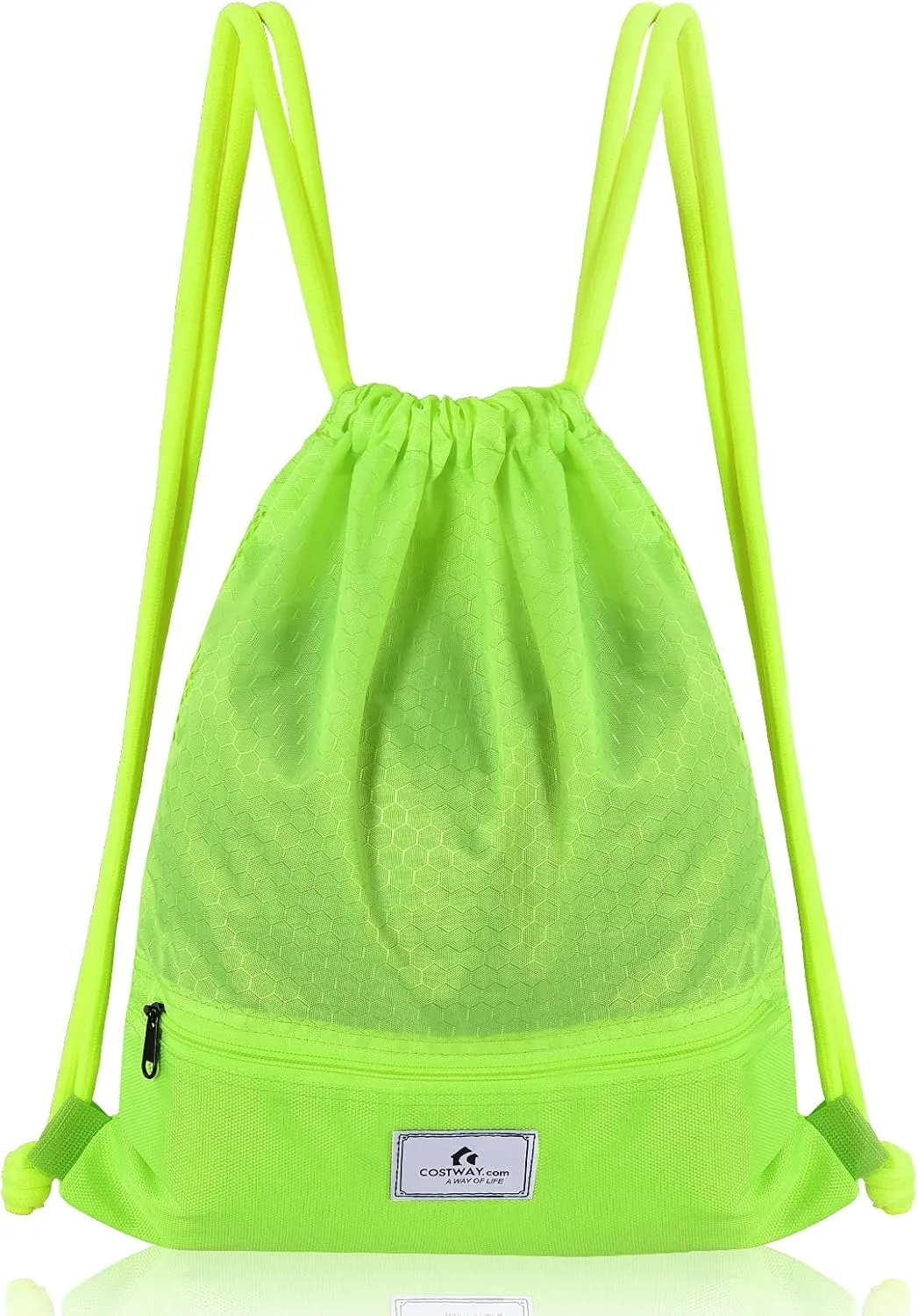 COSTWAY Drawstring Backpack, Folding Sports Gym Sackpack with Zipper Pockets, String Cinch Bag for Gym Shopping Sport Yoga Beach Travel Camping Workout Gear (Green)