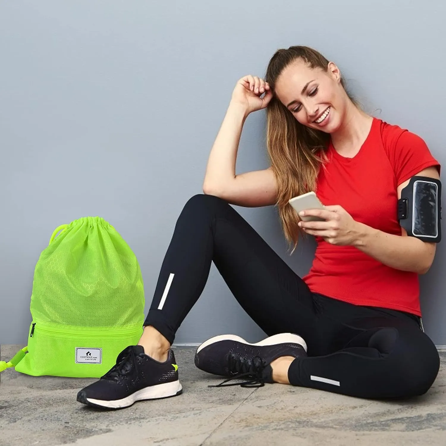 COSTWAY Drawstring Backpack, Folding Sports Gym Sackpack with Zipper Pockets, String Cinch Bag for Gym Shopping Sport Yoga Beach Travel Camping Workout Gear (Green)