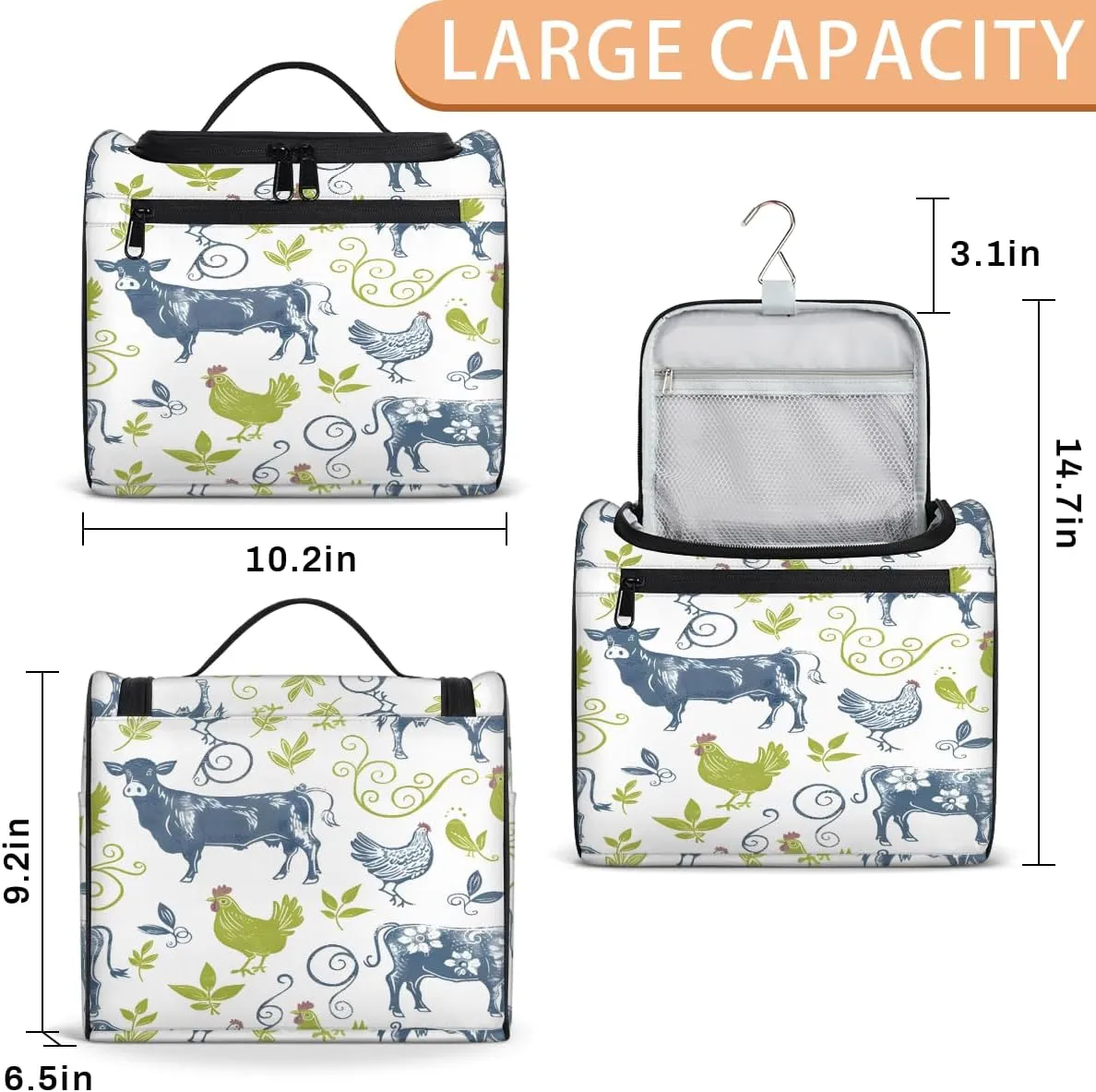 Cow Chicken Farm Animals Travel Toiletry Bag for Men and Women, Large Hanging Makeup Bag Organizer Toiletries Bag for Travel, Cosmetic Bag with Handle