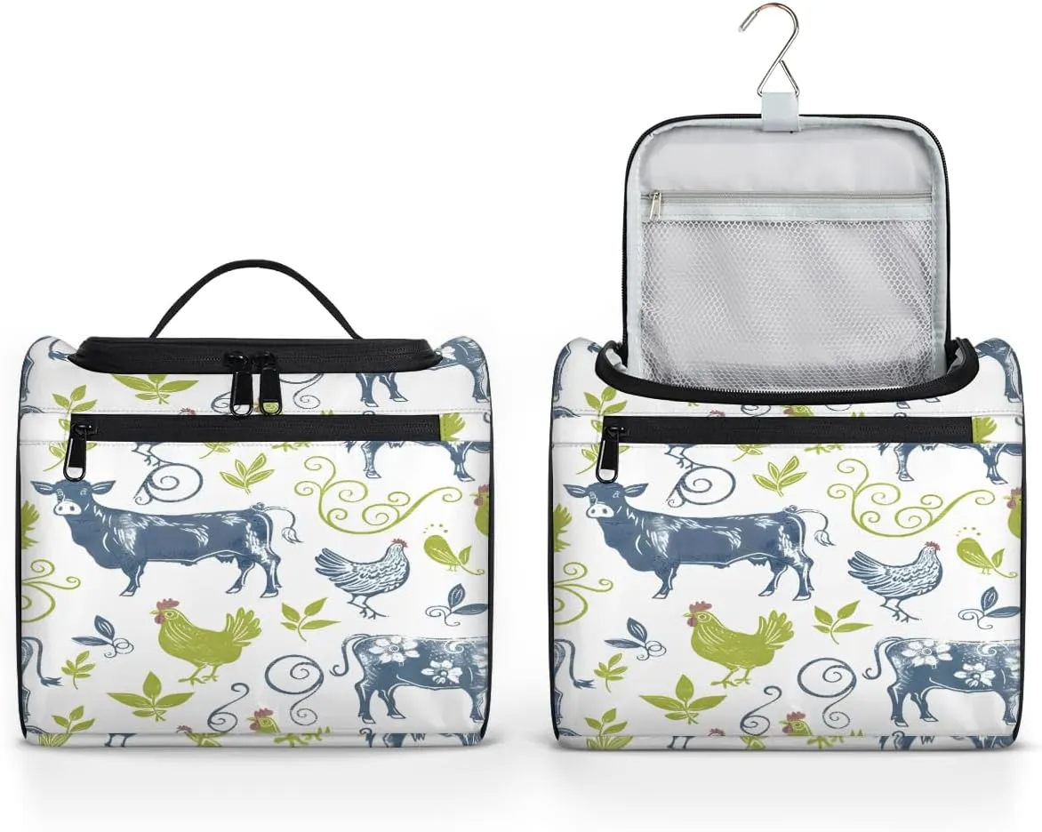 Cow Chicken Farm Animals Travel Toiletry Bag for Men and Women, Large Hanging Makeup Bag Organizer Toiletries Bag for Travel, Cosmetic Bag with Handle