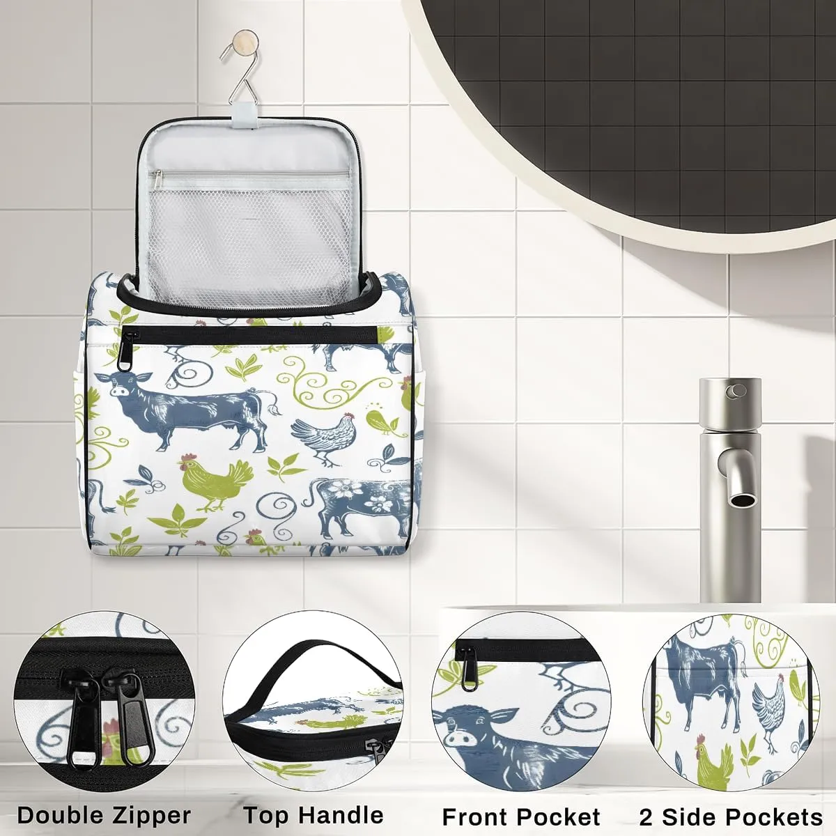 Cow Chicken Farm Animals Travel Toiletry Bag for Men and Women, Large Hanging Makeup Bag Organizer Toiletries Bag for Travel, Cosmetic Bag with Handle