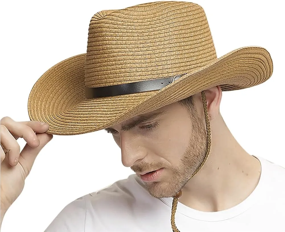 Cowboy Straw Sun Hat for Men UPF 50  Summer Beach UV Panama Fedora Cowgirl Western Shapeable Brim Outdoor Cap with Belt