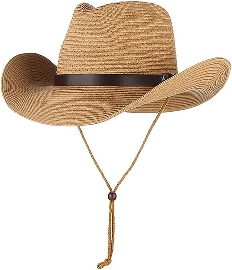 Cowboy Straw Sun Hat for Men UPF 50  Summer Beach UV Panama Fedora Cowgirl Western Shapeable Brim Outdoor Cap with Belt