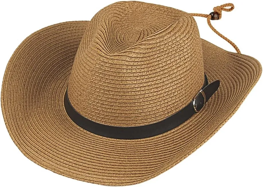 Cowboy Straw Sun Hat for Men UPF 50  Summer Beach UV Panama Fedora Cowgirl Western Shapeable Brim Outdoor Cap with Belt