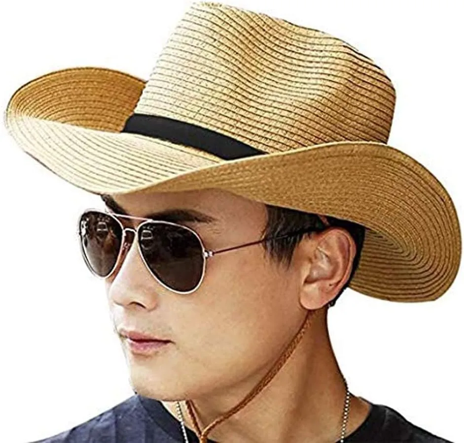 Cowboy Straw Sun Hat for Men UPF 50  Summer Beach UV Panama Fedora Cowgirl Western Shapeable Brim Outdoor Cap with Belt