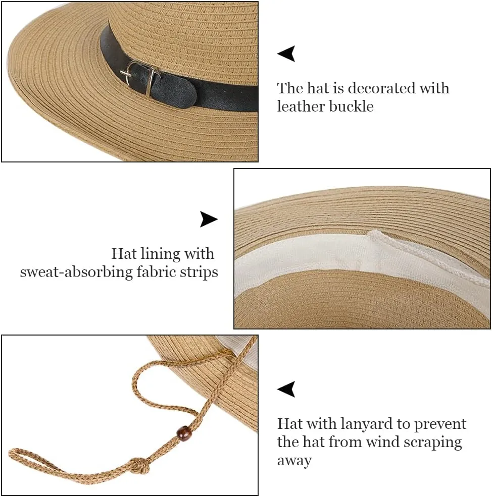 Cowboy Straw Sun Hat for Men UPF 50  Summer Beach UV Panama Fedora Cowgirl Western Shapeable Brim Outdoor Cap with Belt