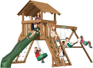 Creative Playthings Northbridge Pack 3 Wooden Swing Set (Made in The USA), Includes Climbing Wall for Kids, Playground Swings and Slide and Tire Swing, 22 x 12 x 11 ft
