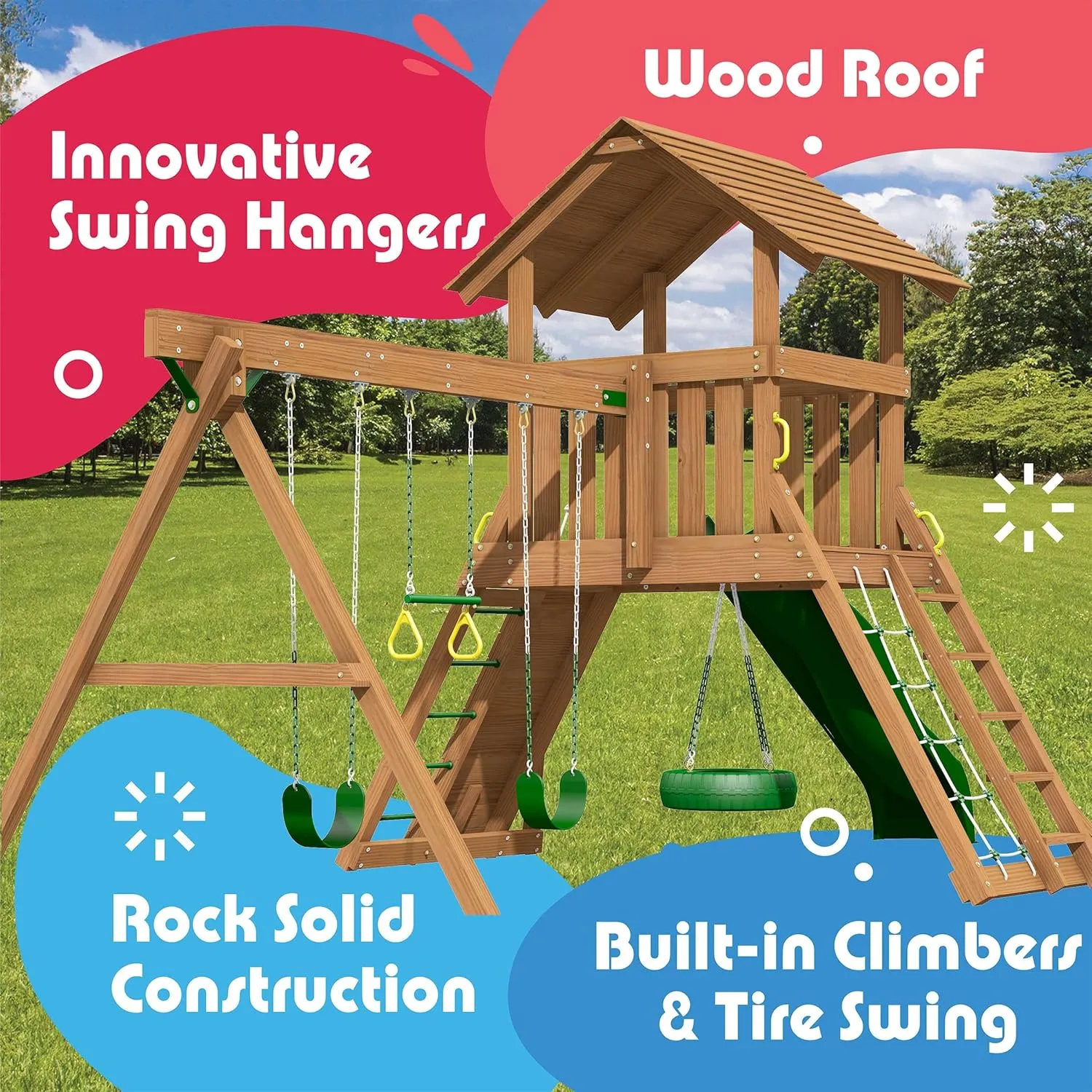 Creative Playthings Northbridge Pack 3 Wooden Swing Set (Made in The USA), Includes Climbing Wall for Kids, Playground Swings and Slide and Tire Swing, 22 x 12 x 11 ft