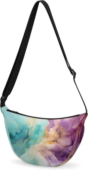 Crescent Crossbody Bag for Women & Men Lightweight Spacious Dumpling-style Sling Bag Adjustable Strap Zippers Travel Casual Use Suitable Purple Cyan Marble