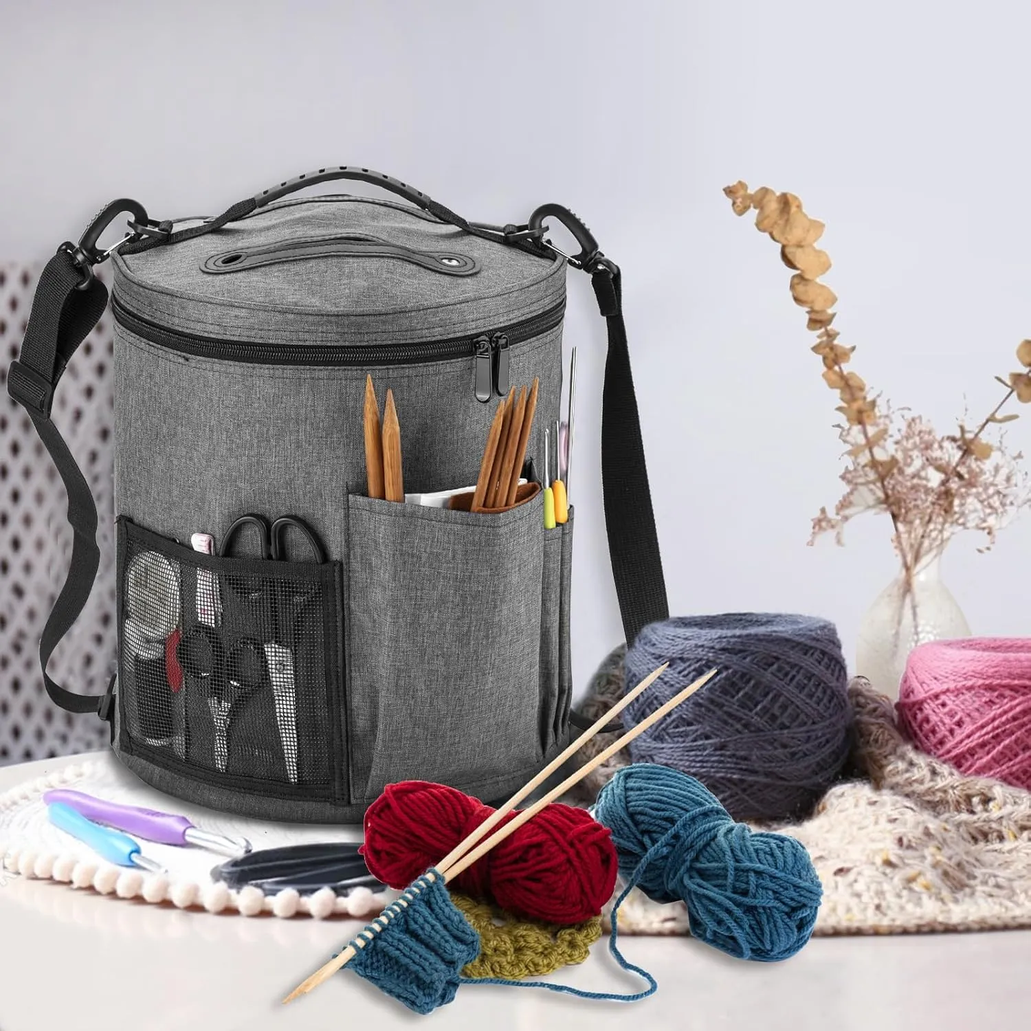 Crochet Bag-Knitting Yarn Storage Organizer - Yarn Bag and Crochet Tote, Yarn Holder for Crocheting, Crochet Accessories, Suppliers, Needles with Zipper Closure-Ideal Gift, Grey