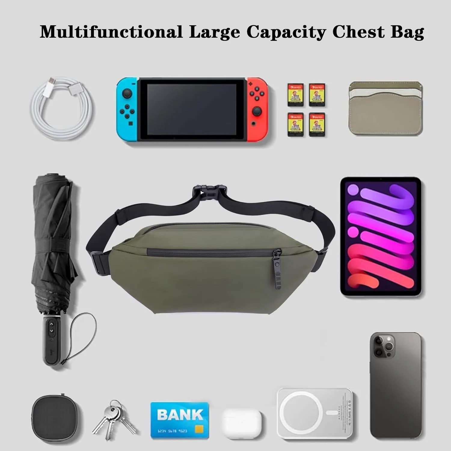 Crossbody Bag for Men and Women,Sling Bags,Adjustable Waist Belt,Durable,Water Resistant Fanny Pack Chest Bag for Travel Daypack Outdoor Running(Green)