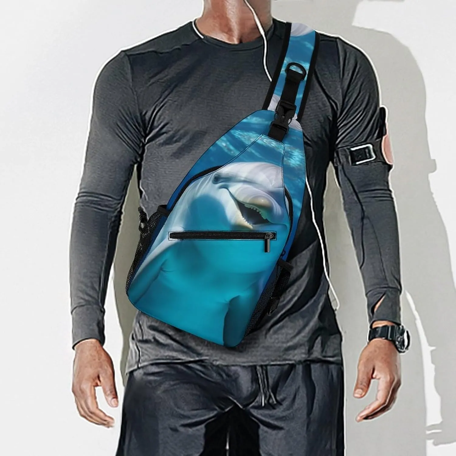 Crossbody Bag Travel Sling Bag for Men Small Sling Backpack Dolphin With Smile Chest Bag Shoulder Bag for Outdoor, 38x20cm