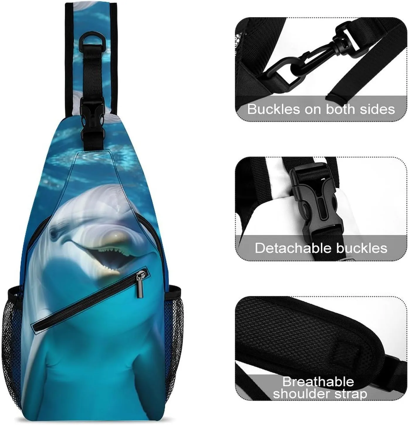 Crossbody Bag Travel Sling Bag for Men Small Sling Backpack Dolphin With Smile Chest Bag Shoulder Bag for Outdoor, 38x20cm