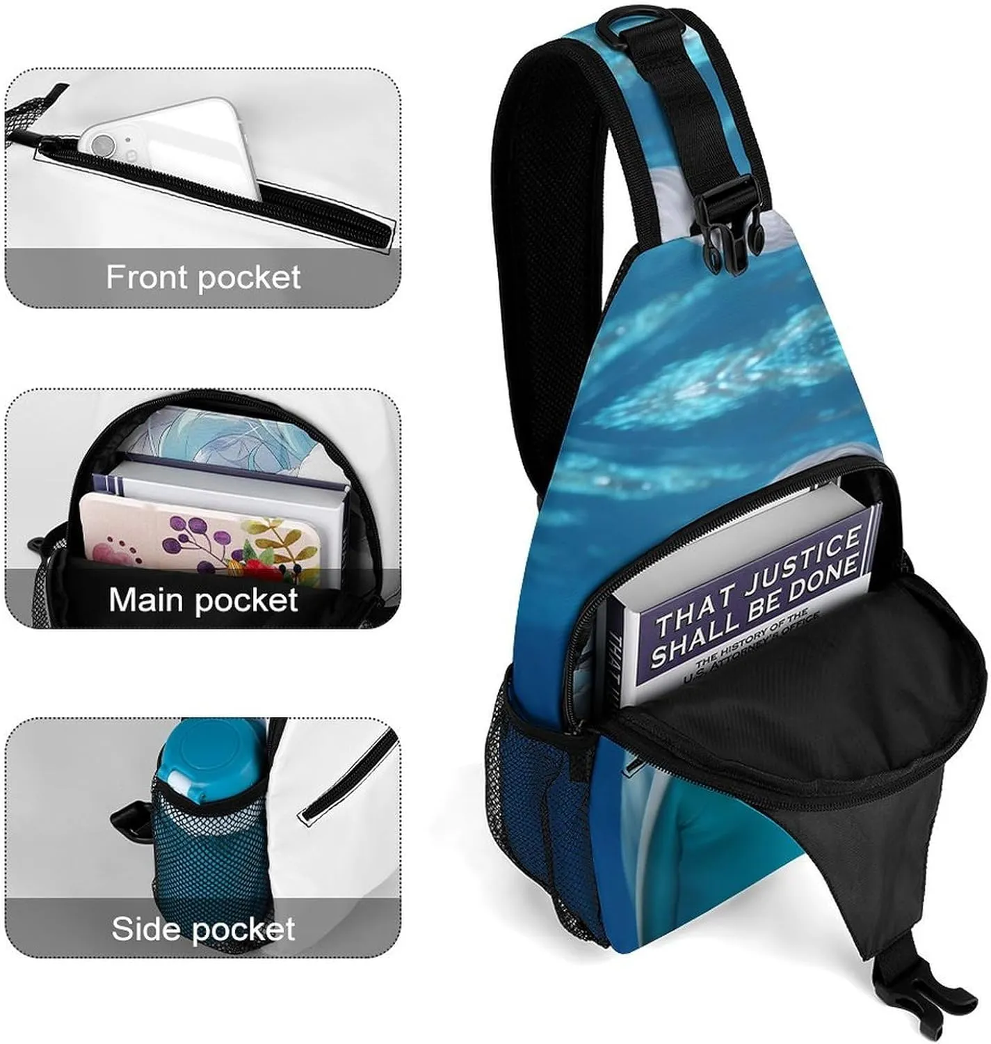 Crossbody Bag Travel Sling Bag for Men Small Sling Backpack Dolphin With Smile Chest Bag Shoulder Bag for Outdoor, 38x20cm