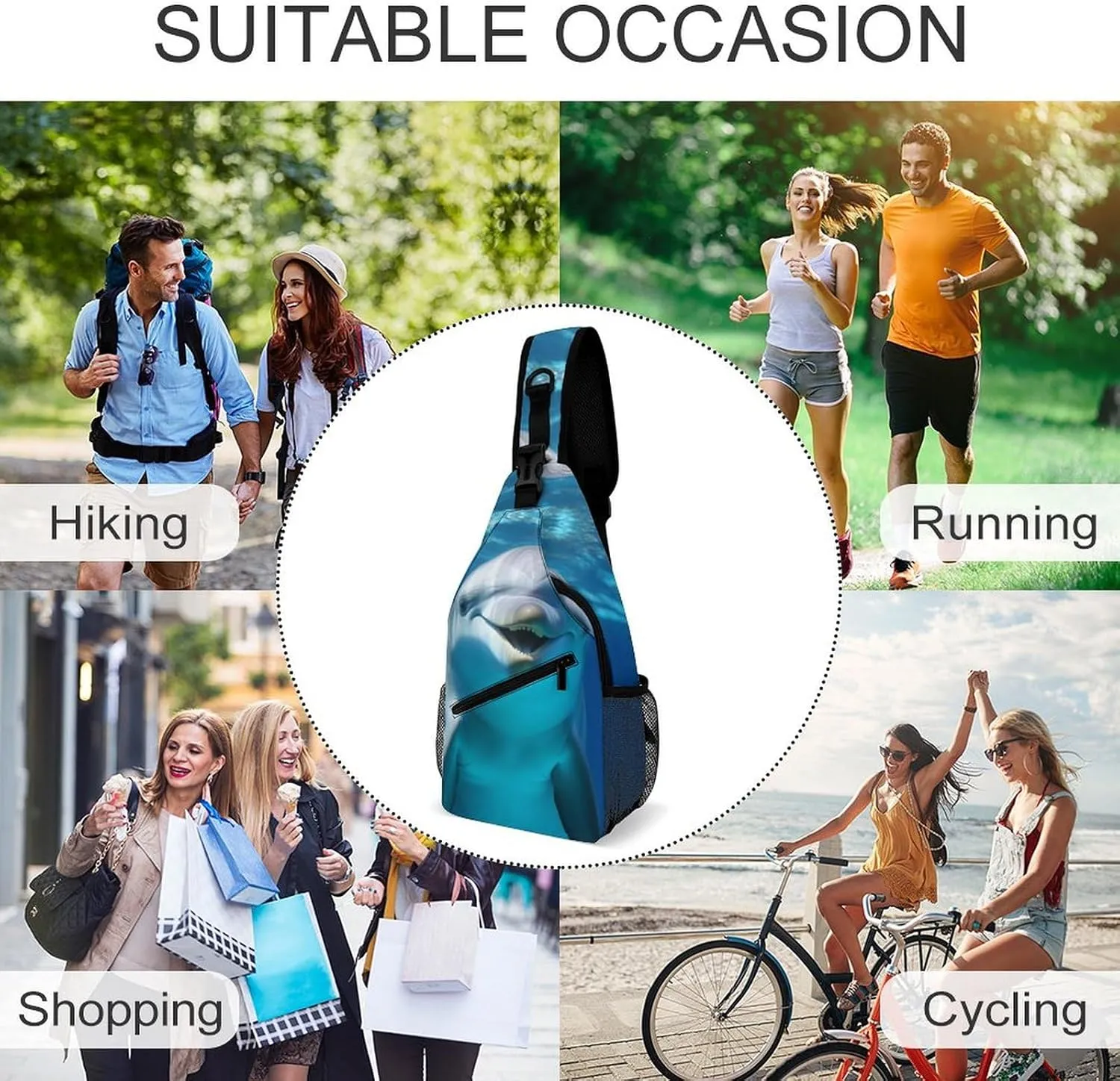 Crossbody Bag Travel Sling Bag for Men Small Sling Backpack Dolphin With Smile Chest Bag Shoulder Bag for Outdoor, 38x20cm