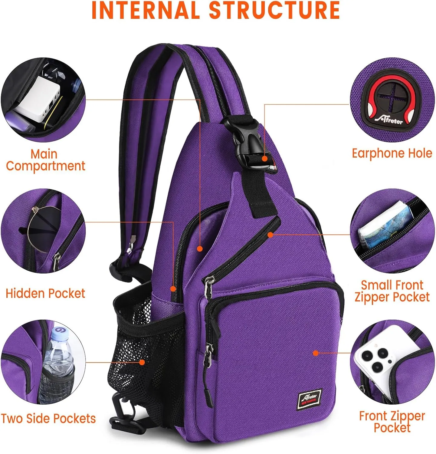 Crossbody Sling Backpack Men and Women Sling Bag Shoulder Backpack Travel Hiking Chest Bag Daypack (Purple)
