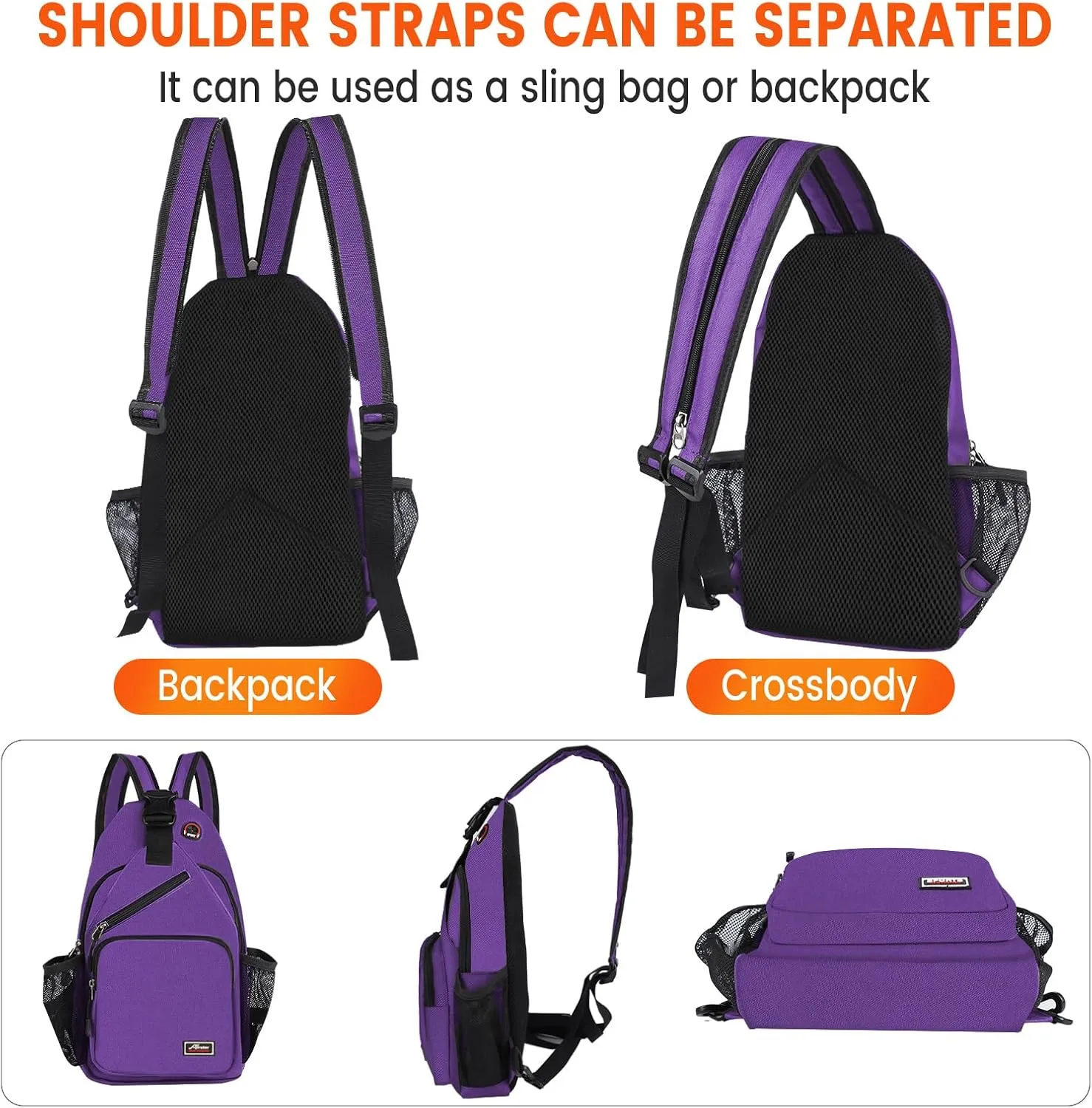 Crossbody Sling Backpack Men and Women Sling Bag Shoulder Backpack Travel Hiking Chest Bag Daypack (Purple)