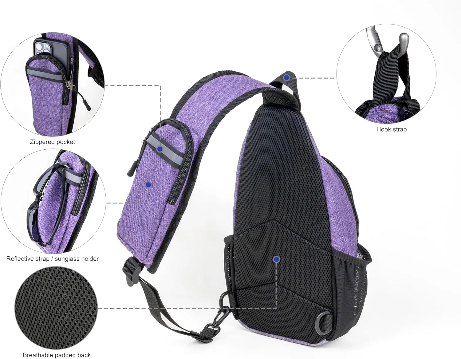Crossbody Sling Bag – Anti-Theft Carryall Daypack Backpack with Adjustable Chest Strap for Travel or Hiking (Purple)