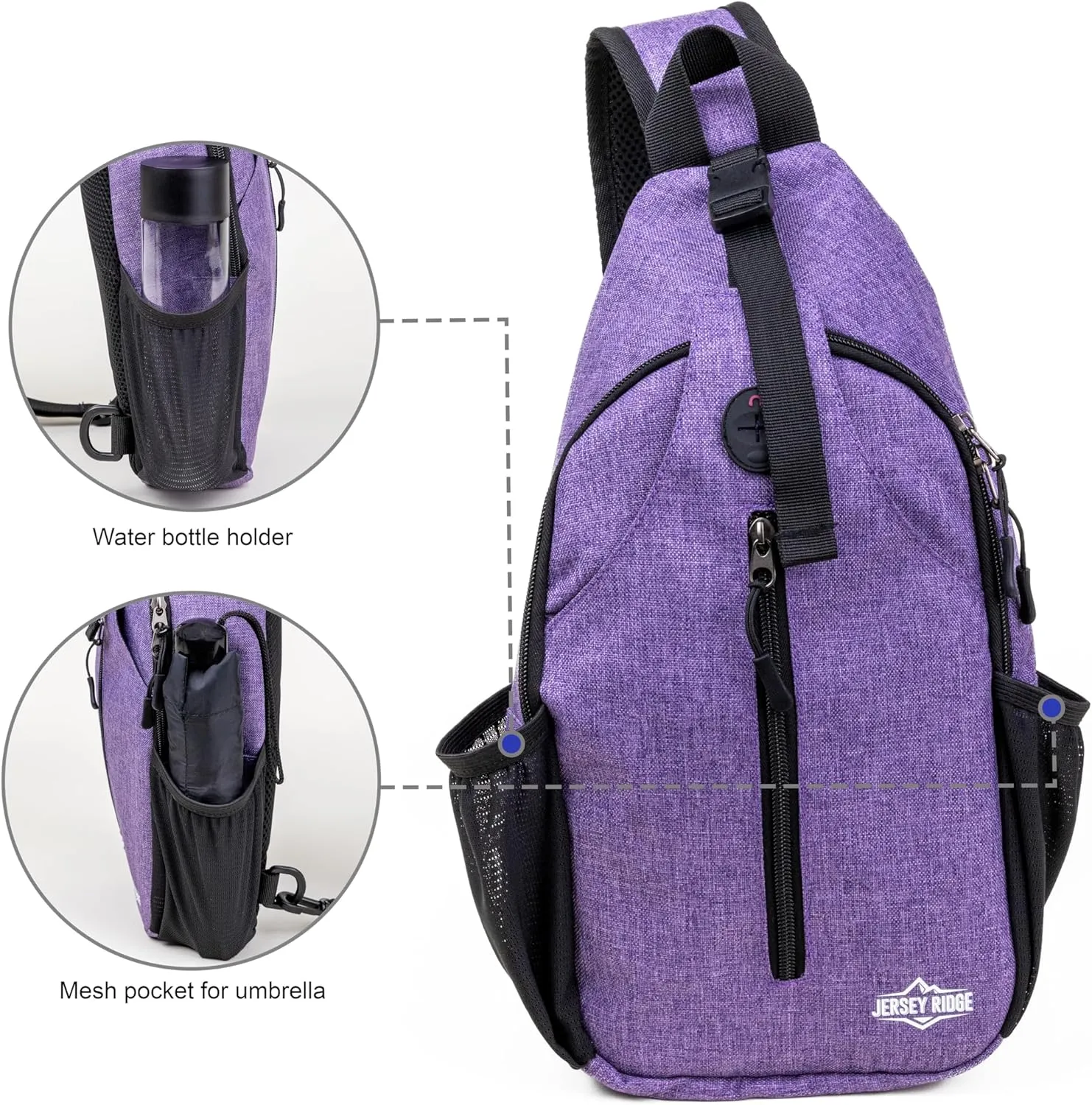 Crossbody Sling Bag – Anti-Theft Carryall Daypack Backpack with Adjustable Chest Strap for Travel or Hiking (Purple)