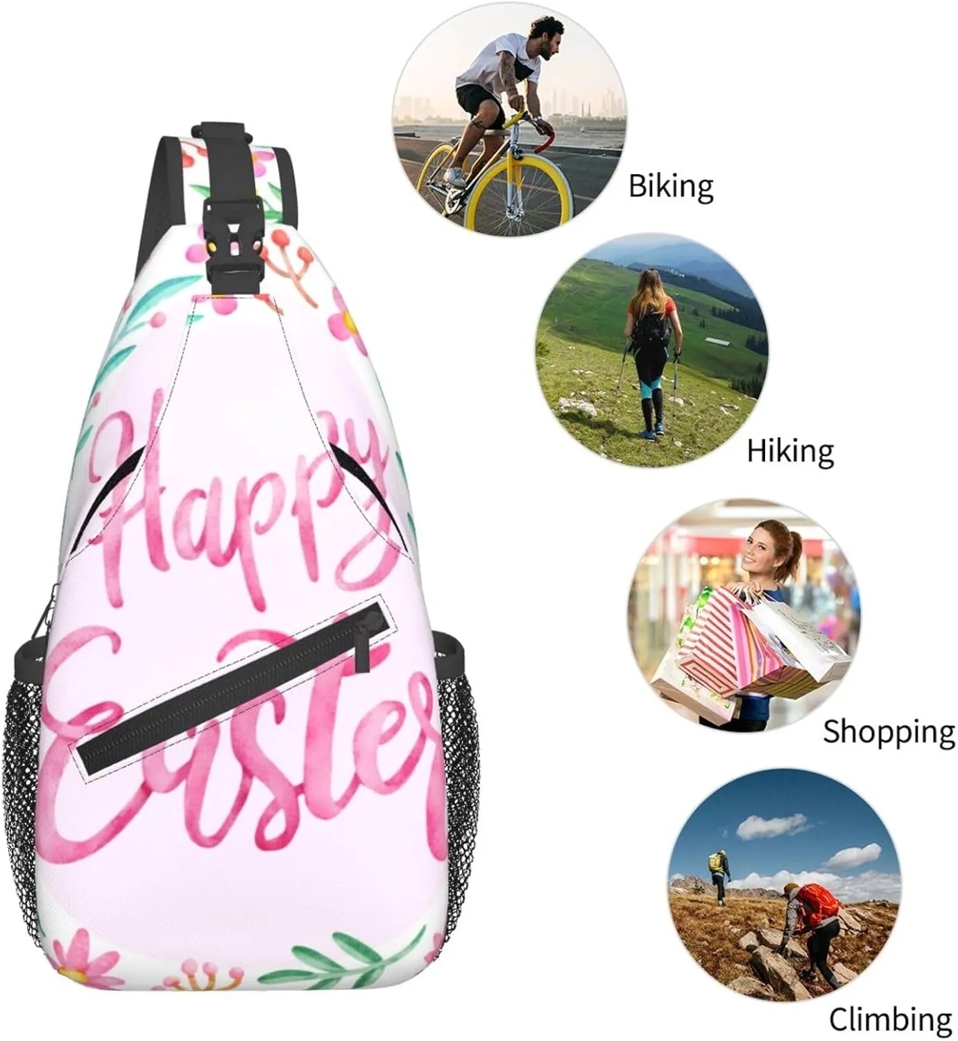 Crossbody Sling Bag for Men Women, Happy Easter Day Flower Sling Backpack Shoulder Chest Bag, Anti Theft Travel Hiking Daypacks