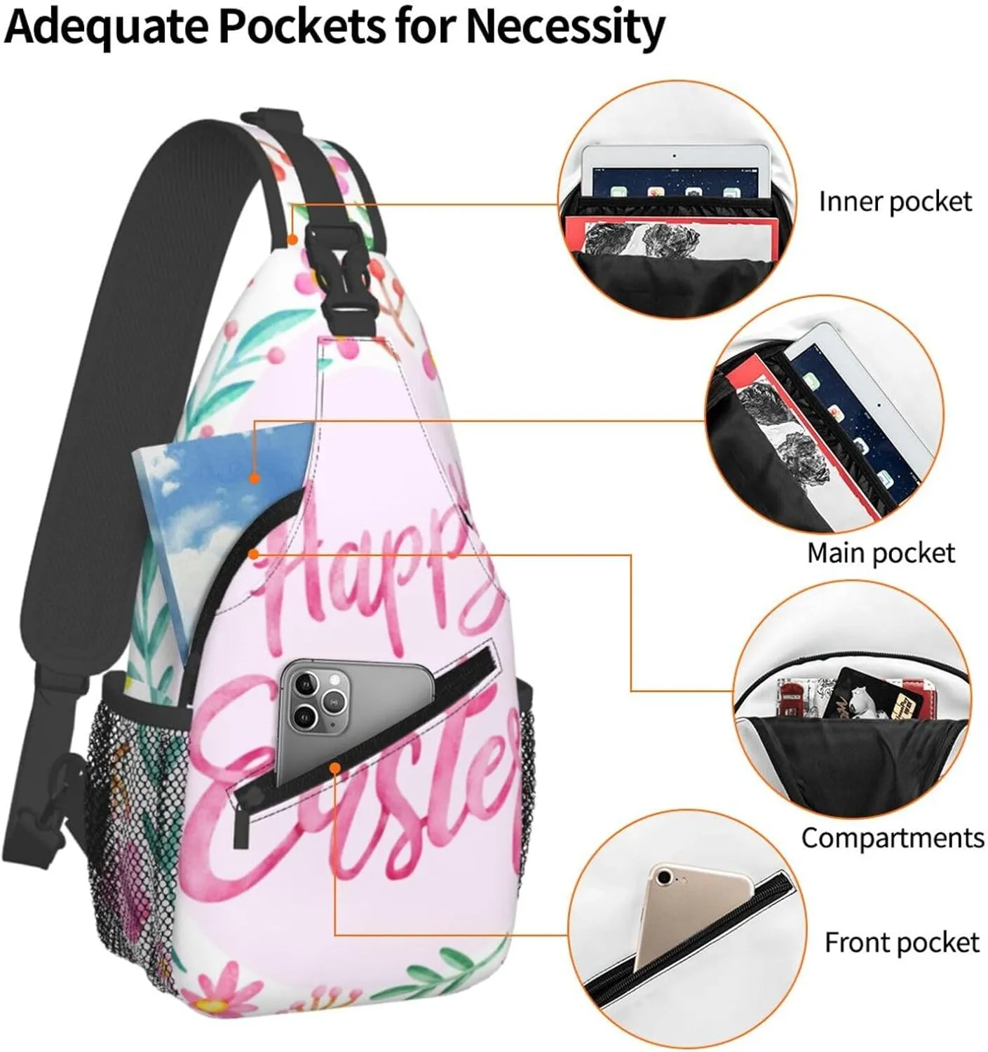 Crossbody Sling Bag for Men Women, Happy Easter Day Flower Sling Backpack Shoulder Chest Bag, Anti Theft Travel Hiking Daypacks