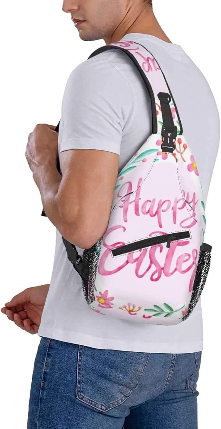 Crossbody Sling Bag for Men Women, Happy Easter Day Flower Sling Backpack Shoulder Chest Bag, Anti Theft Travel Hiking Daypacks