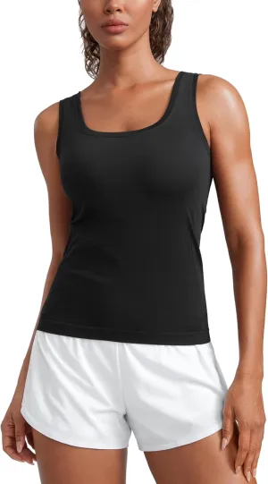 CRZ YOGA Seamless Scoop Neck Tank Low U-Back Breathable Workout Tops for Women Sleeveless Athletic Running Gym Shirts