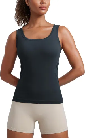 CRZ YOGA Seamless Scoop Neck Tank Low U-Back Breathable Workout Tops for Women Sleeveless Athletic Running Gym Shirts