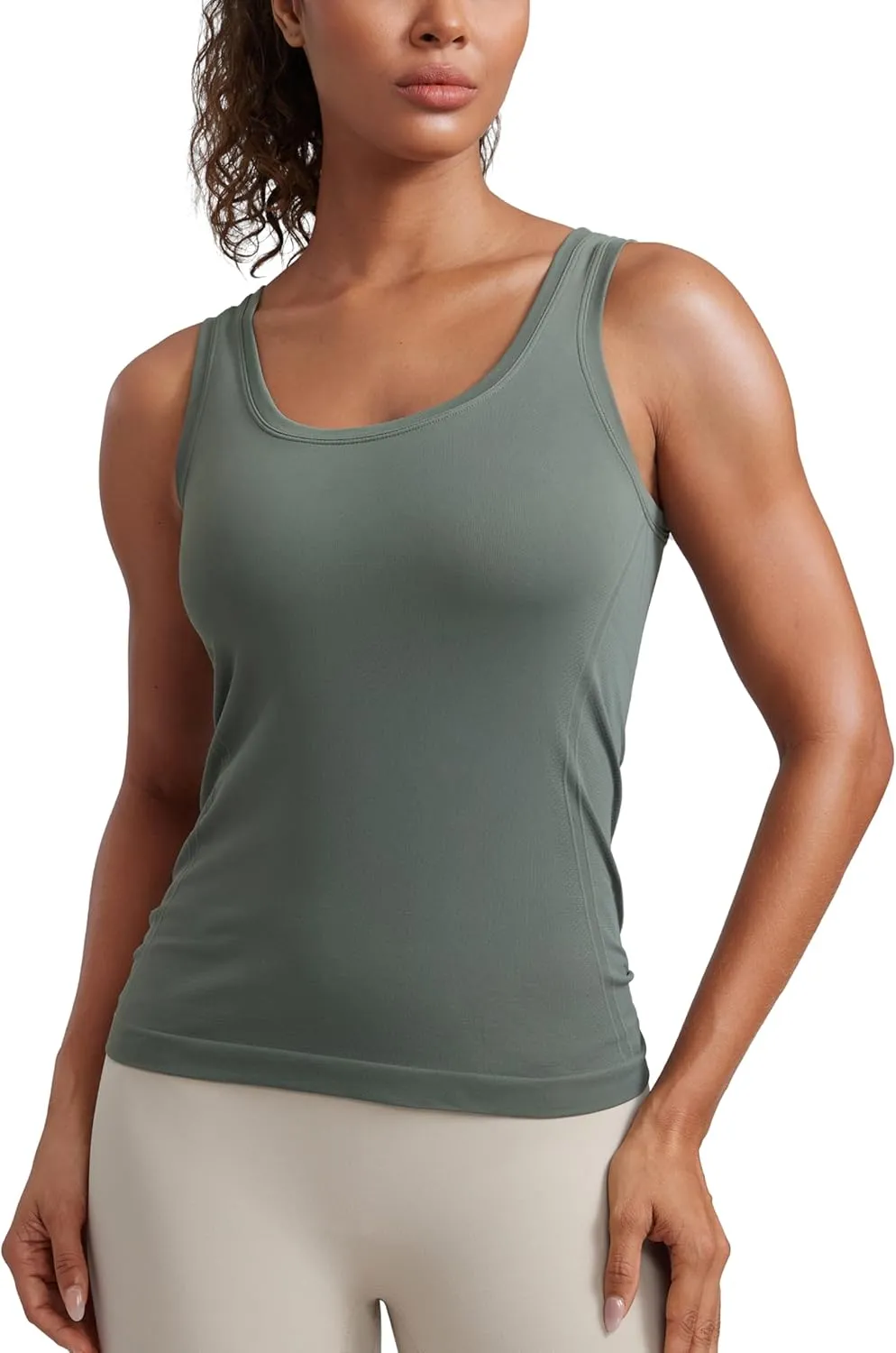 CRZ YOGA Seamless Scoop Neck Tank Low U-Back Breathable Workout Tops for Women Sleeveless Athletic Running Gym Shirts