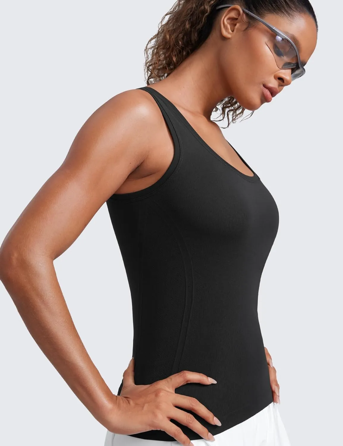 CRZ YOGA Seamless Scoop Neck Tank Low U-Back Breathable Workout Tops for Women Sleeveless Athletic Running Gym Shirts
