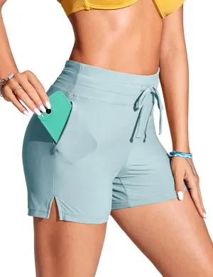 CRZ YOGA Womens Swim Board Shorts 4'' - High Waisted Side Split Bathing Swimwear Bottoms with Mesh Liner Zipper Pocket