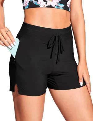 CRZ YOGA Womens Swim Board Shorts 4'' - High Waisted Side Split Bathing Swimwear Bottoms with Mesh Liner Zipper Pocket