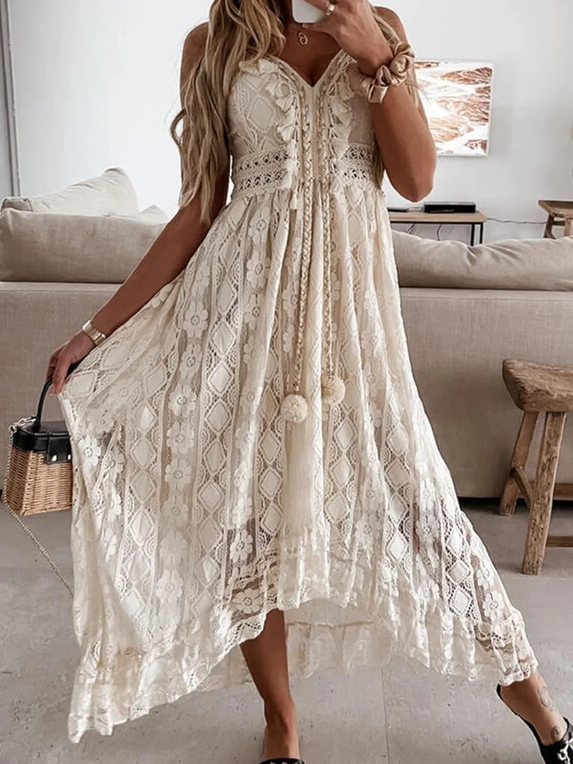 CUPSHE Women's Summer Dresses Sleeveless Lace Casual Tassel Beach Spaghetti Straps Flowy Maxi Sun Dress