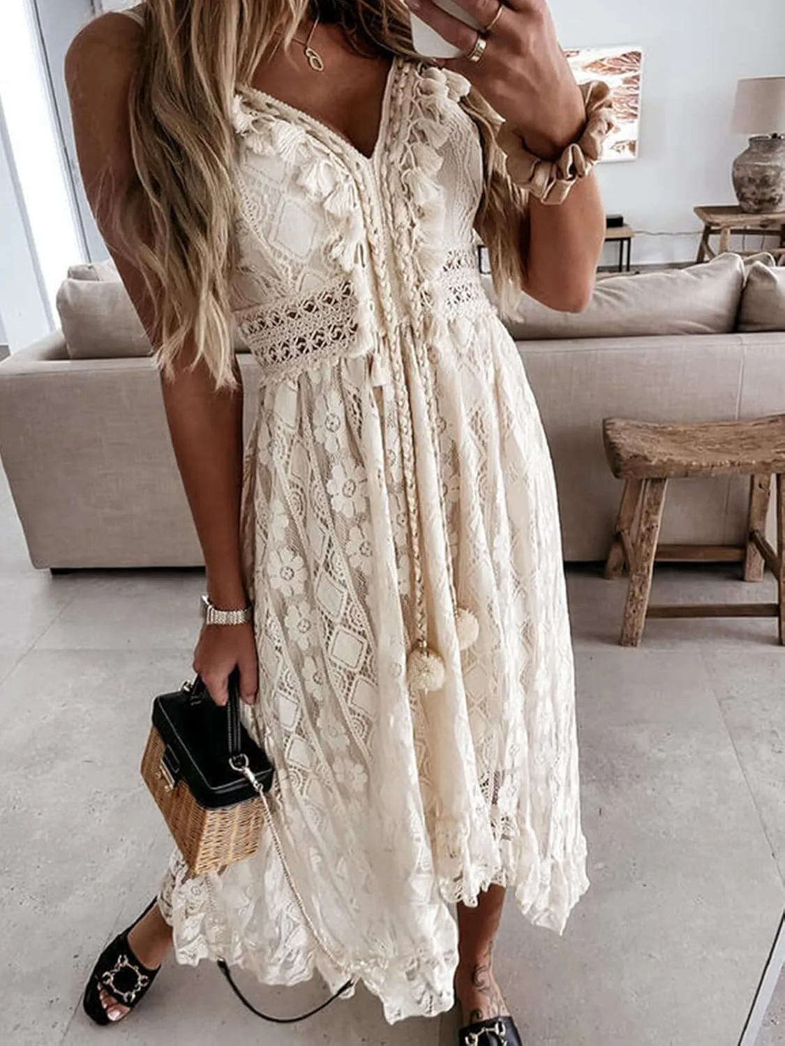 CUPSHE Women's Summer Dresses Sleeveless Lace Casual Tassel Beach Spaghetti Straps Flowy Maxi Sun Dress
