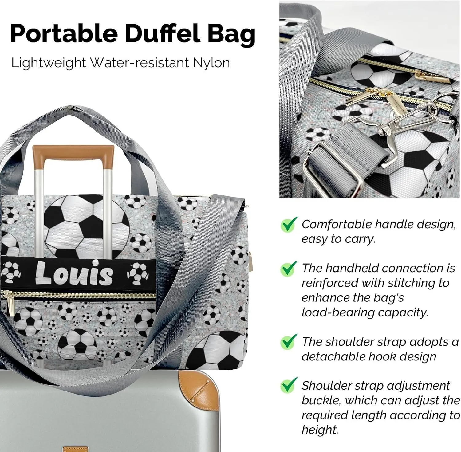 Custom Duffel Bag Sports Soccer Ball Sliver Glitter Personalized for Travel Carry on Bag