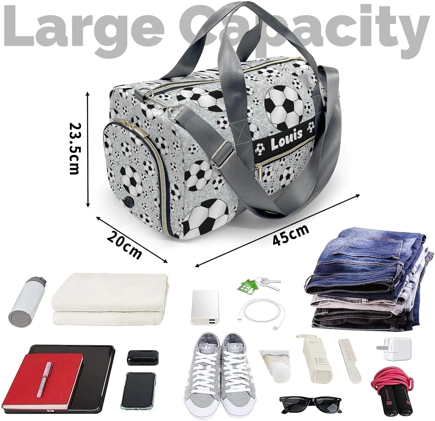 Custom Duffel Bag Sports Soccer Ball Sliver Glitter Personalized for Travel Carry on Bag