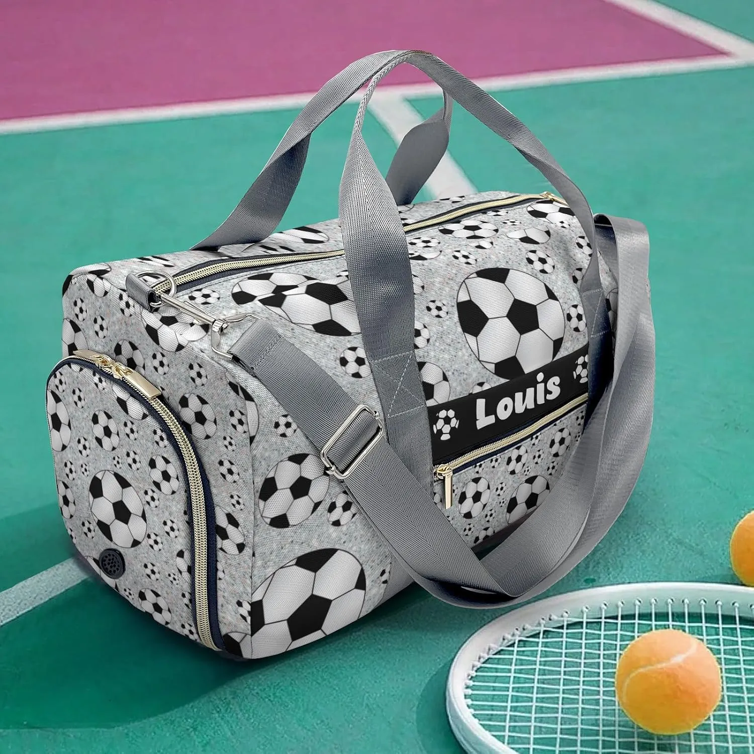 Custom Duffel Bag Sports Soccer Ball Sliver Glitter Personalized for Travel Carry on Bag