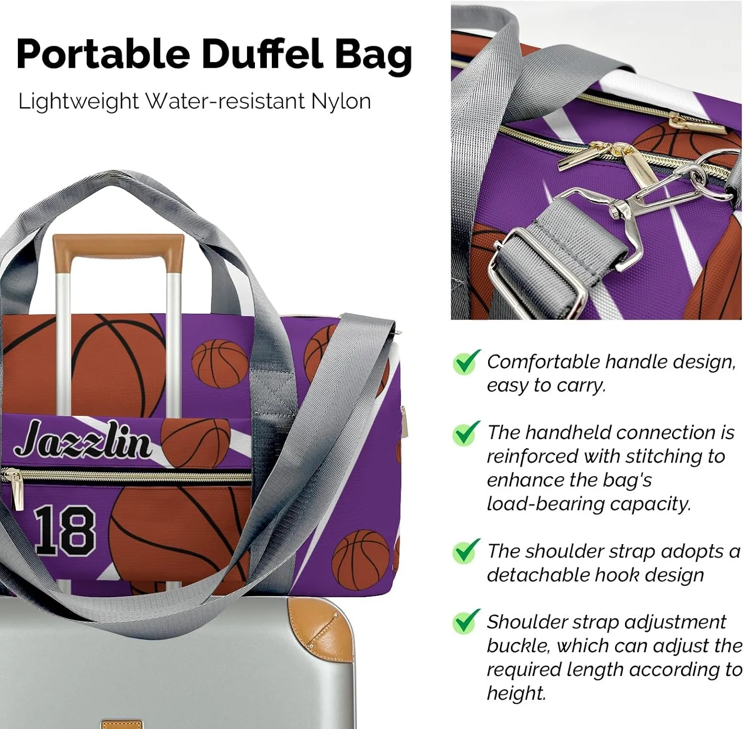 Custom Gift Sport Player Duffel Bag for Sport Basketball Purple Travel Weekender Bag,Overnight Bag with Shoe Compartment for Business Trips Sports Bag