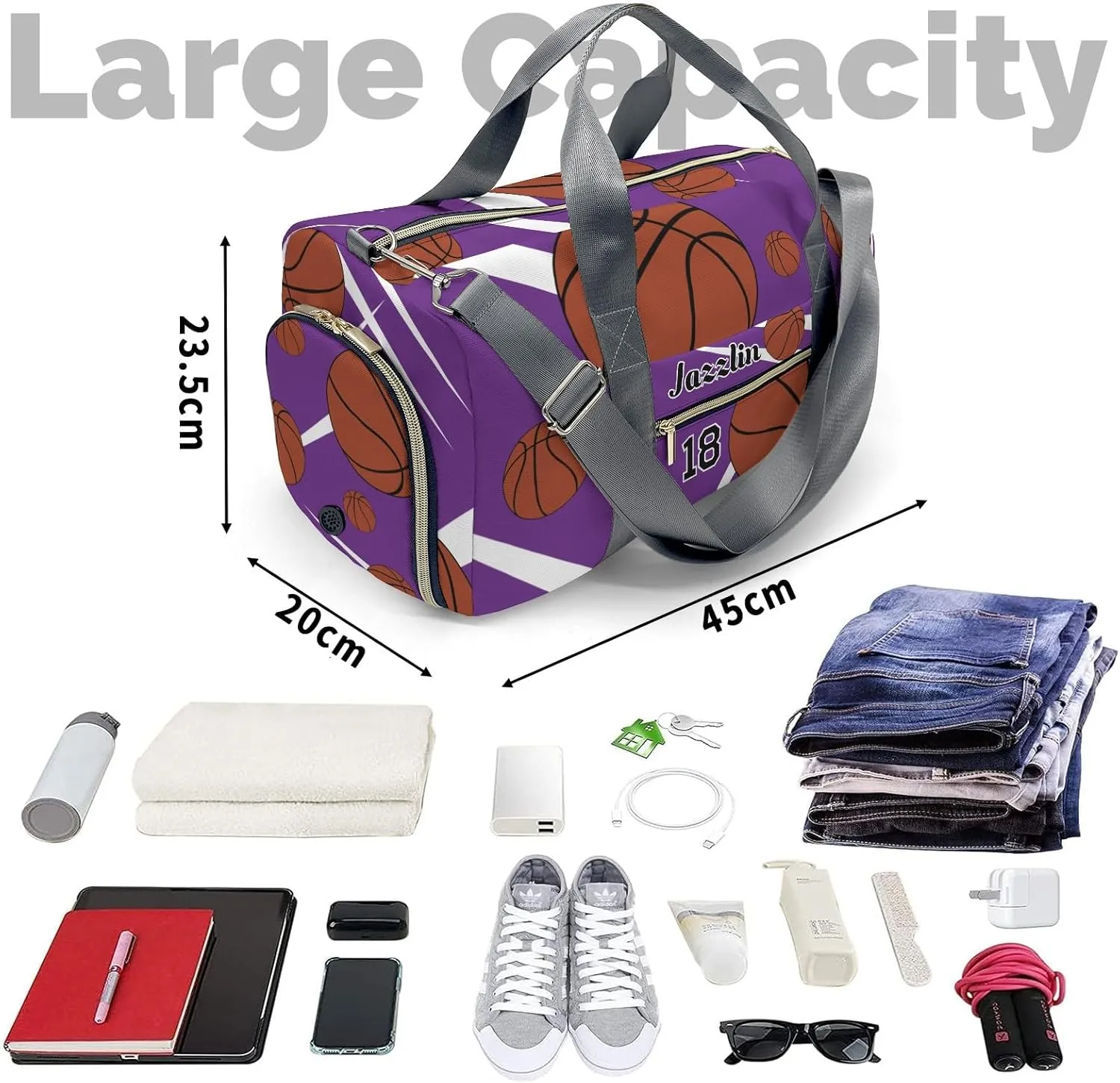Custom Gift Sport Player Duffel Bag for Sport Basketball Purple Travel Weekender Bag,Overnight Bag with Shoe Compartment for Business Trips Sports Bag
