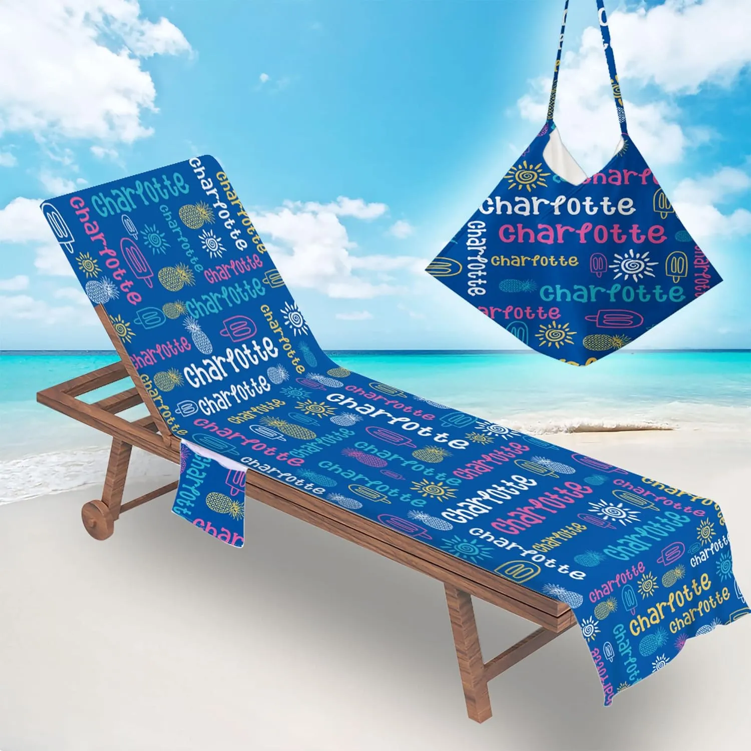 Custom Name Beach Chair Cover with Side Pockets Personalized Name Chaise Towel Cover for Lounge Chair Sun Lounger Pool Sunbathing Garden Beach Hotel (Blue)