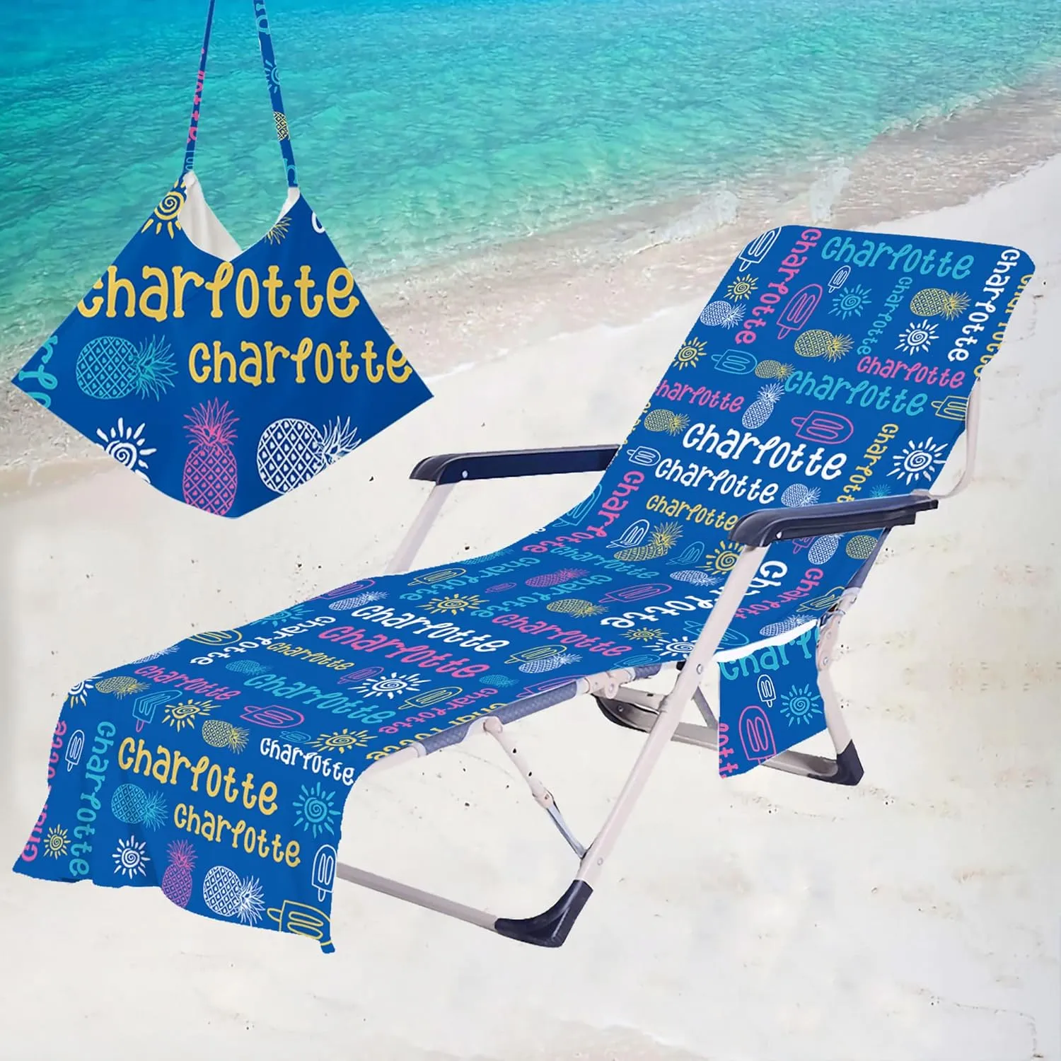 Custom Name Beach Chair Cover with Side Pockets Personalized Name Chaise Towel Cover for Lounge Chair Sun Lounger Pool Sunbathing Garden Beach Hotel (Blue)