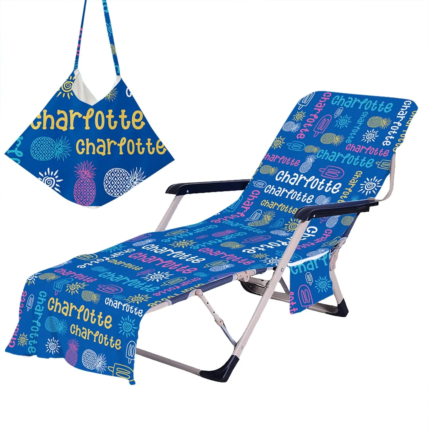 Custom Name Beach Chair Cover with Side Pockets Personalized Name Chaise Towel Cover for Lounge Chair Sun Lounger Pool Sunbathing Garden Beach Hotel (Blue)